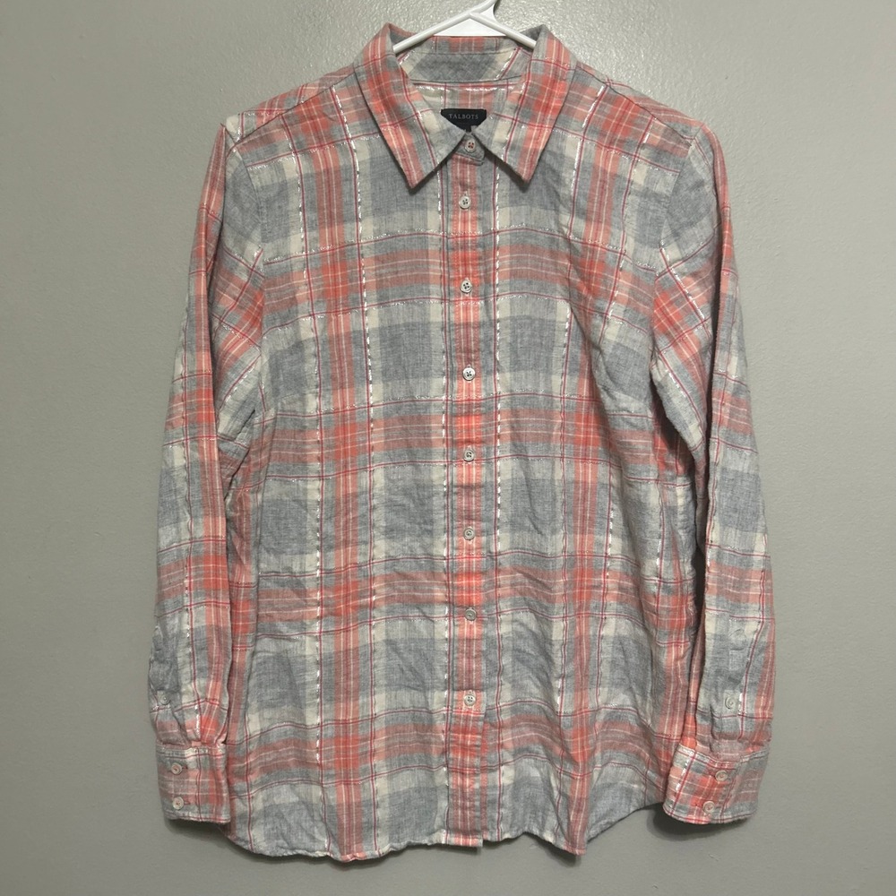 Talbots Womens Button Down Shirt M Coral Grey Plaid Metallic Cabin Preppy Tartan